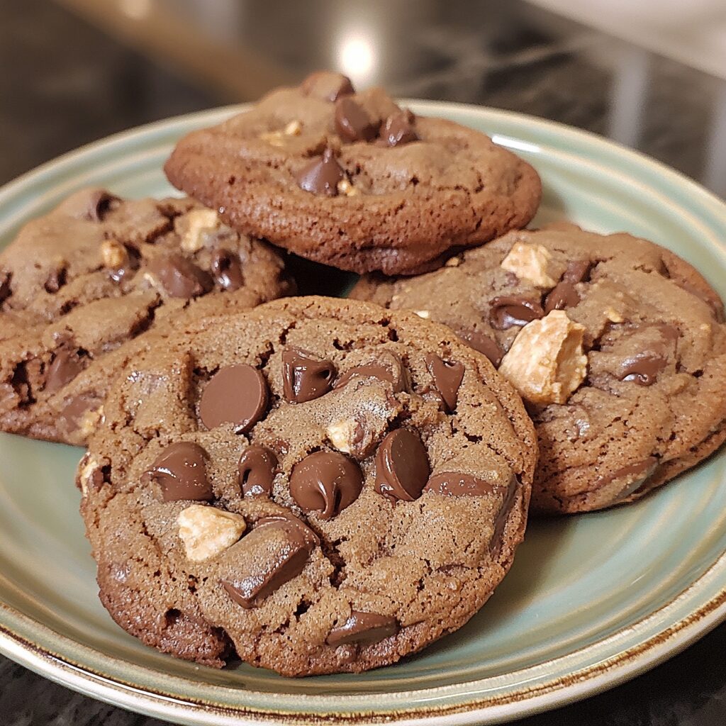 Bakery Style Double Chocolate Chip Cookies presented in natural light with a homemade look