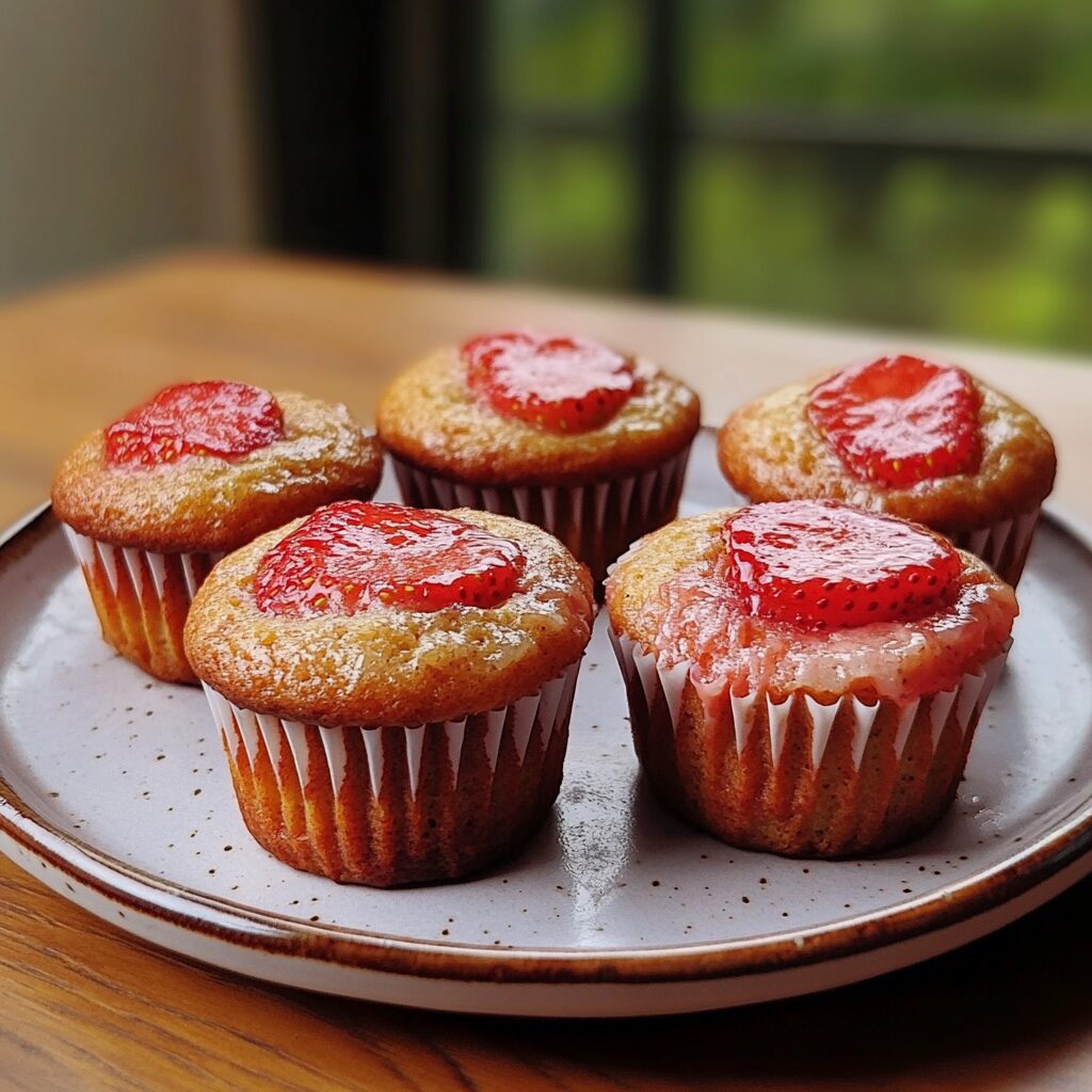 Bakery Style Strawberry Muffins presented in natural light with a homemade look
