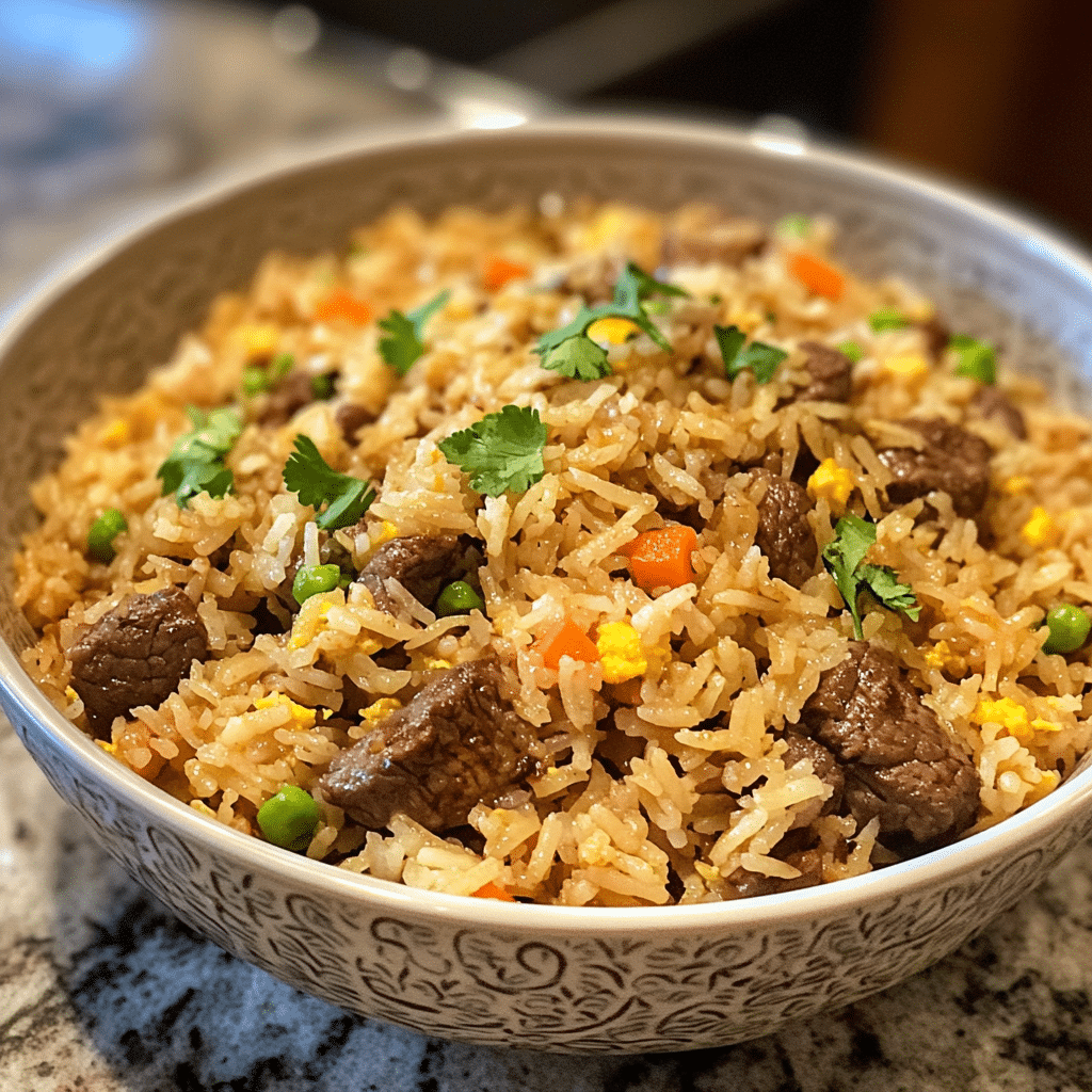 Homemade beef fried rice in a serving dish in a bright kitchen