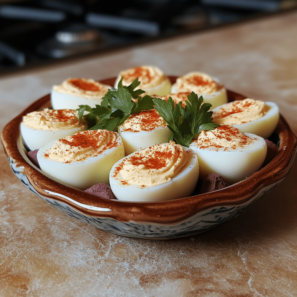 Homemade best deviled eggs in a serving dish in a bright kitchen