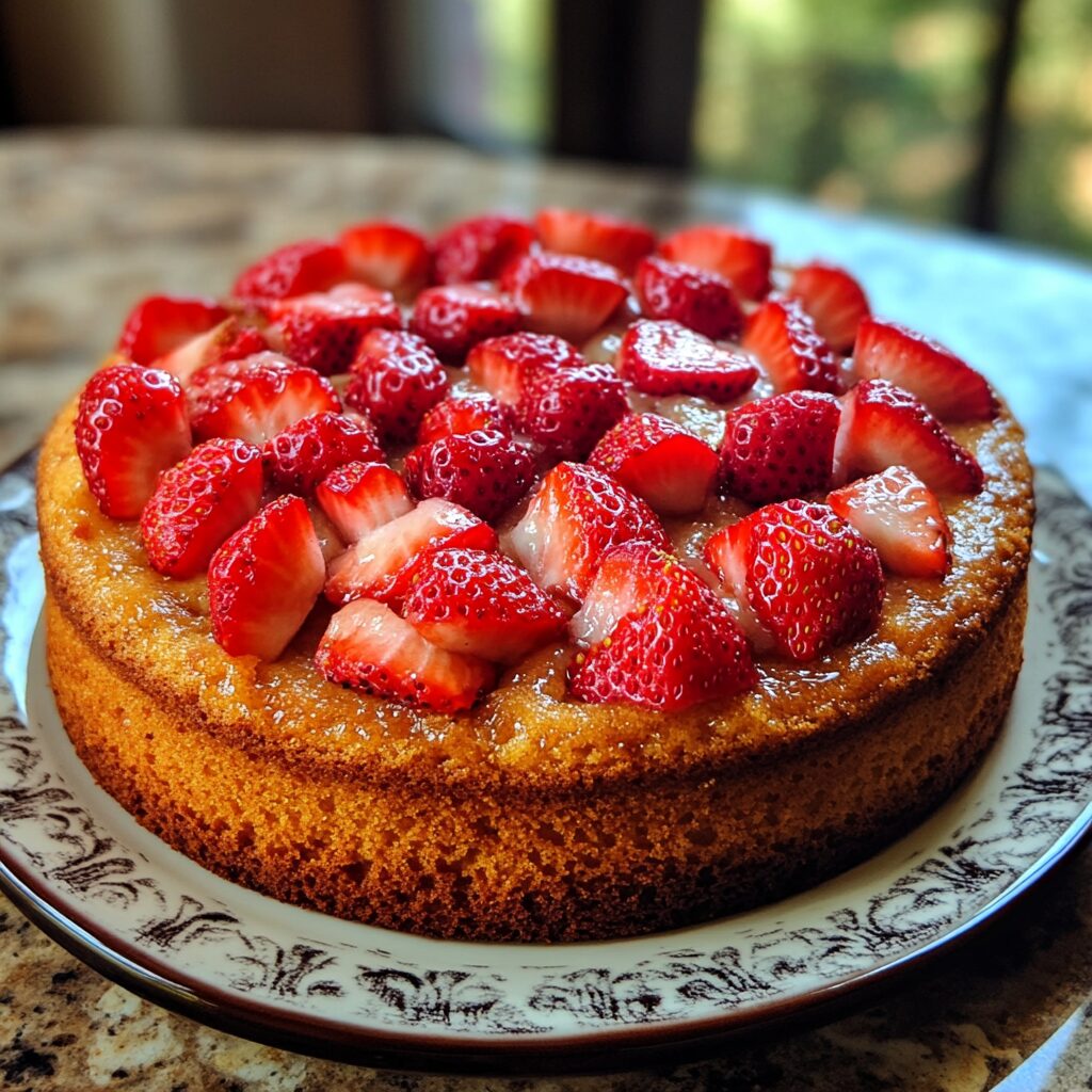Best Ever Strawberry Cake presented in natural light with a homemade look