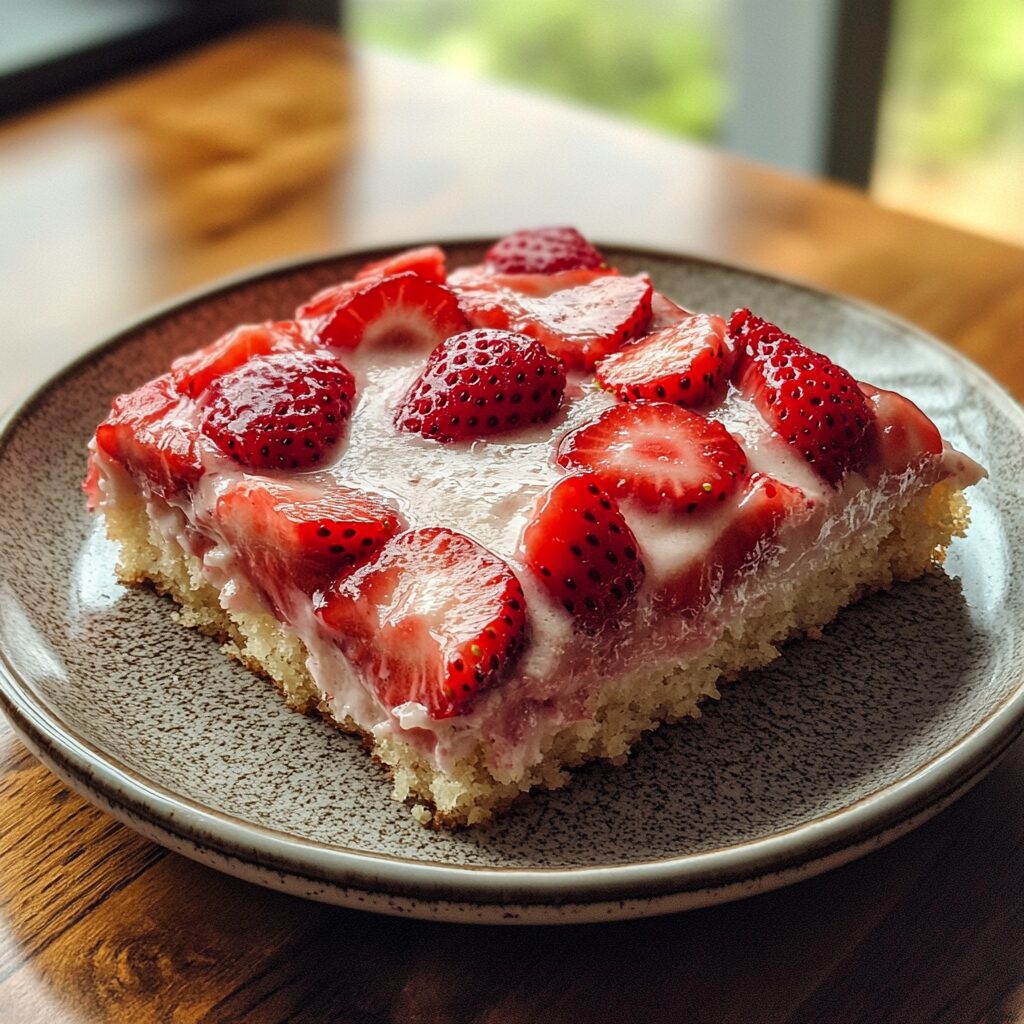 Best Strawberry Sheet Cake presented in natural light with a homemade look