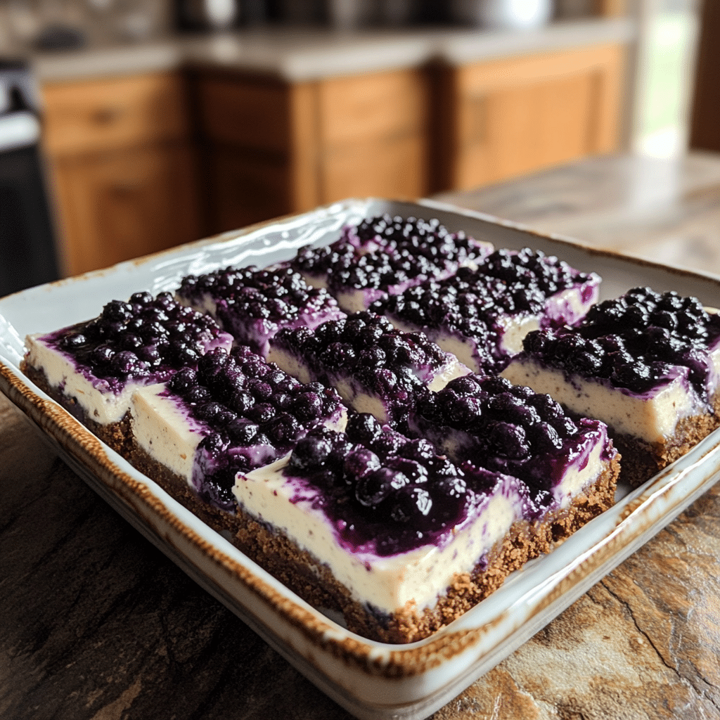Homemade blueberry cheesecake bars (no bake) in a serving dish in a bright kitchen