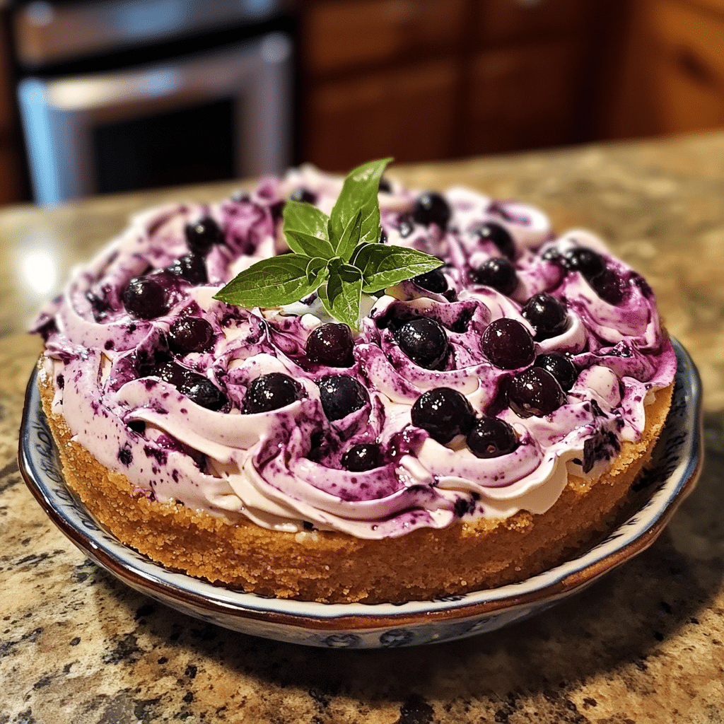 Homemade blueberry cheesecake icebox cake in a serving dish in a bright kitchen