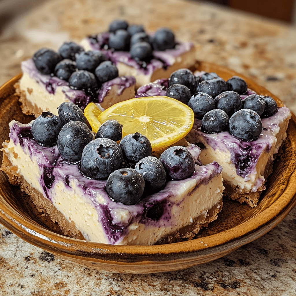Homemade blueberry lemon bliss cheesecake bars in a serving dish in a bright kitchen