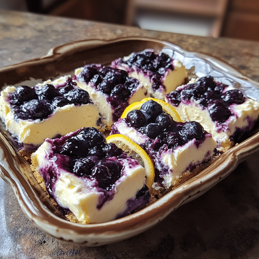 Homemade bright lemon-blueberry cream cheese bars recipe in a serving dish in a bright kitchen.