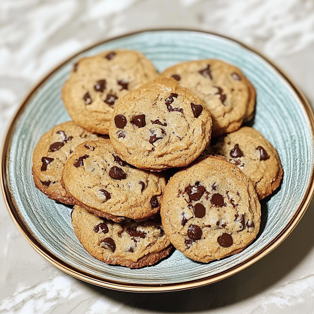 Brown Butter Sourdough Discard Chocolate Chip Cookies presented in natural light with a homemade look
