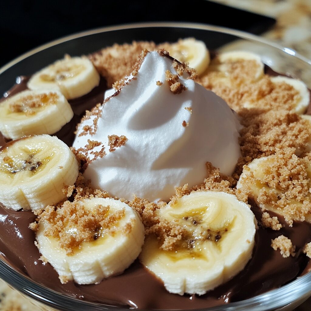 Chocolate Aunt Betty's Banana Pudding with visible layers and toppings