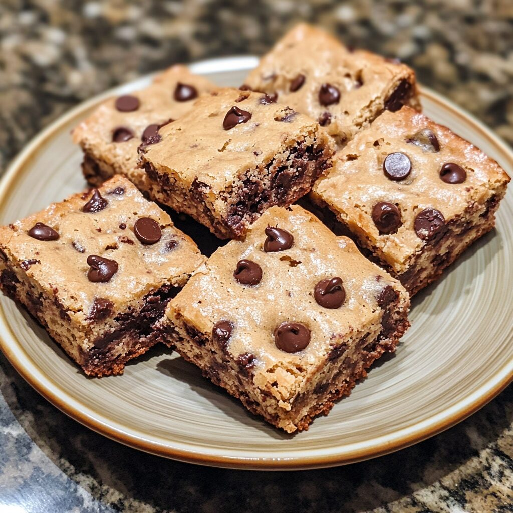 Chocolate Chip Blondies presented in natural light with a homemade look