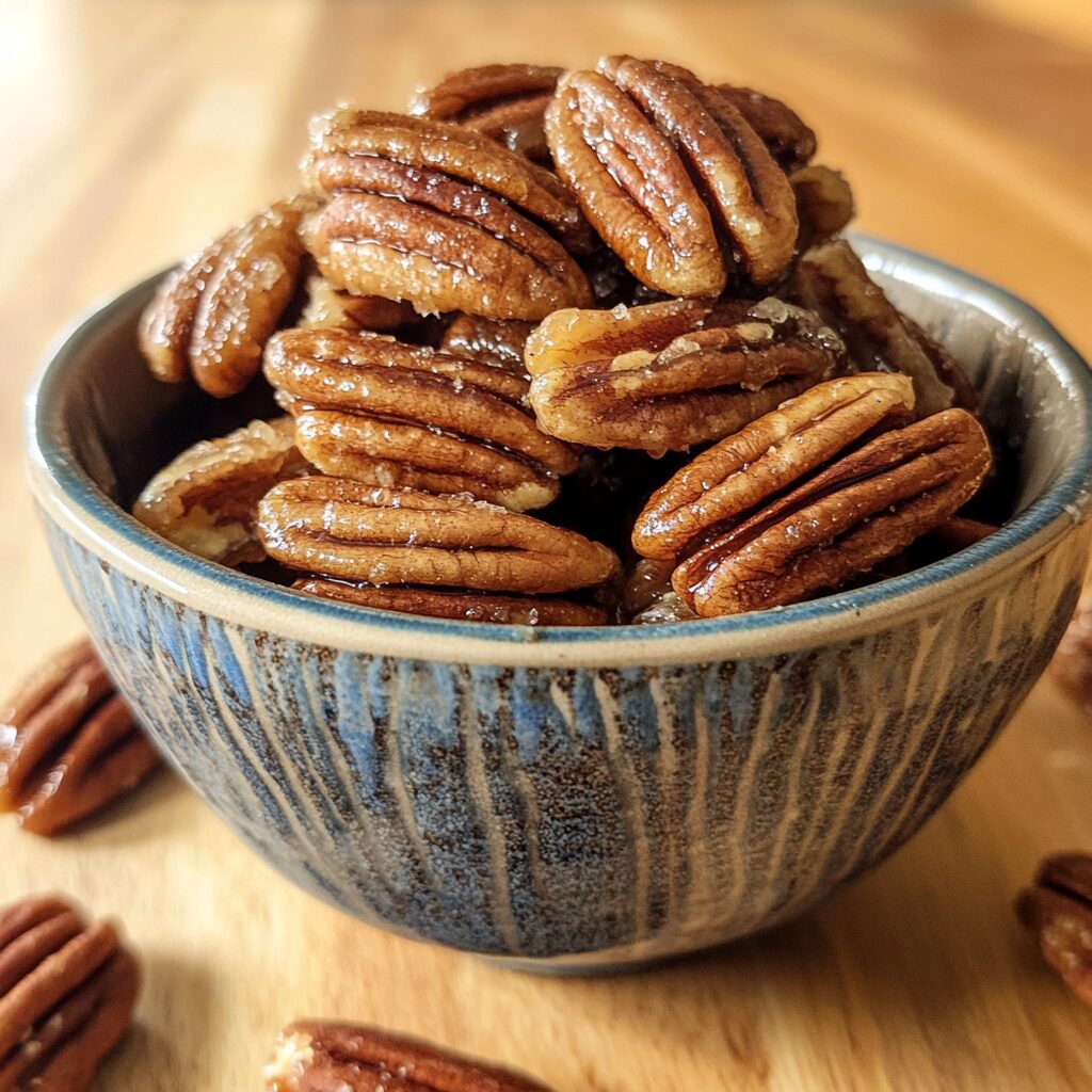 Bowl of homemade classic candied pecans with cinnamon sugar coating