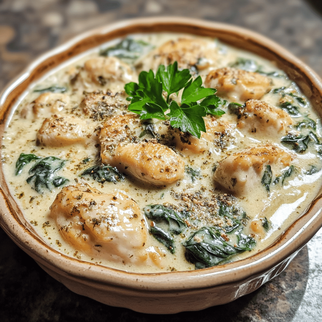 Homemade creamy keto chicken and spinach bake (easy low-carb recipe!) in a serving dish in a bright kitchen