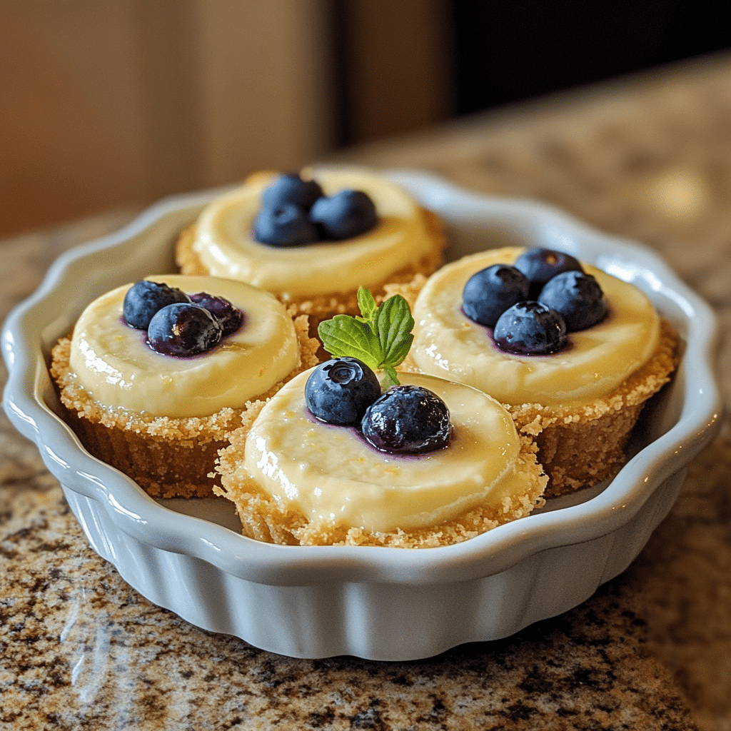 Homemade creamy mini lemon blueberry cheesecakes in a serving dish in a bright kitchen