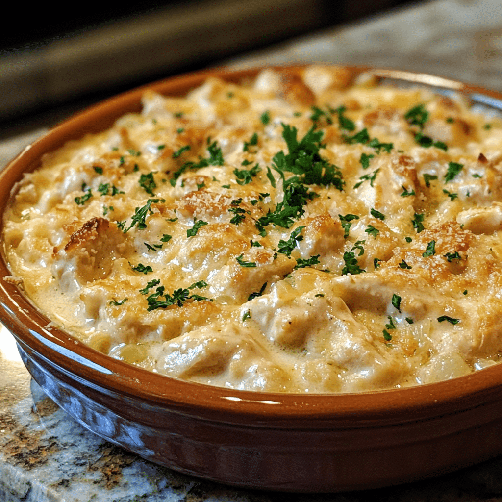 Homemade creamy neiman marcus chicken casserole in a serving dish in a bright kitchen