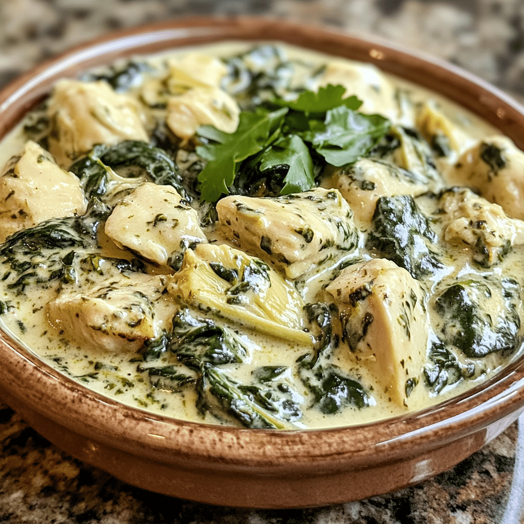 Homemade creamy spinach and artichoke chicken in a serving dish in a bright kitchen