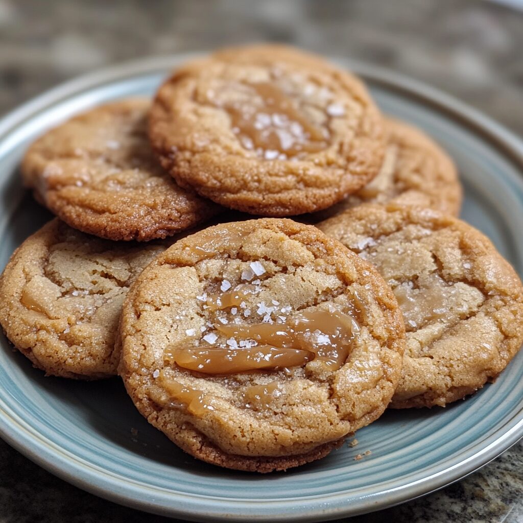 Crispy Salted Caramel Cookies presented in natural light with a homemade look