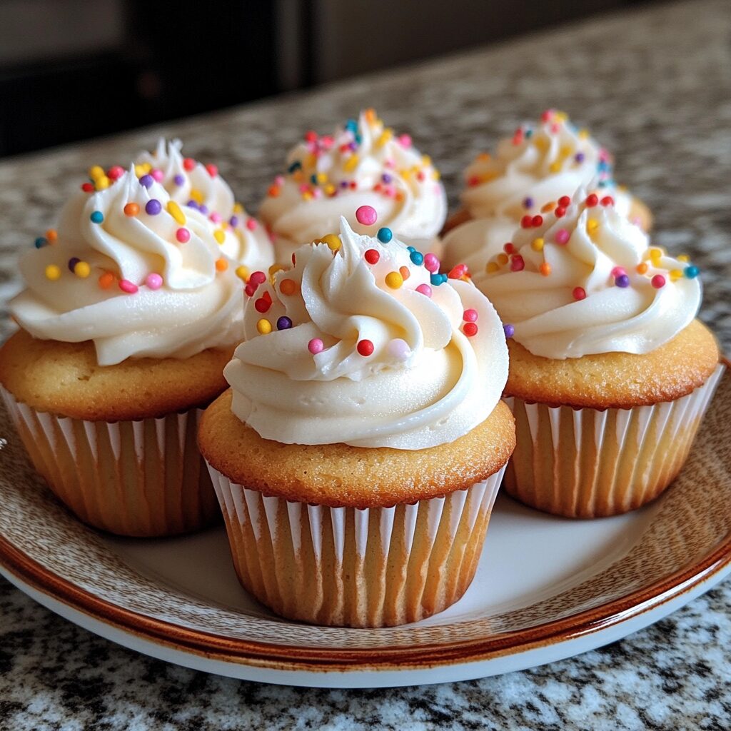 Delicious Classic Vanilla Birthday Cupcakes Homemade Cupcakes Recipe Julie Marie Eats presented in natural light with a homemade look