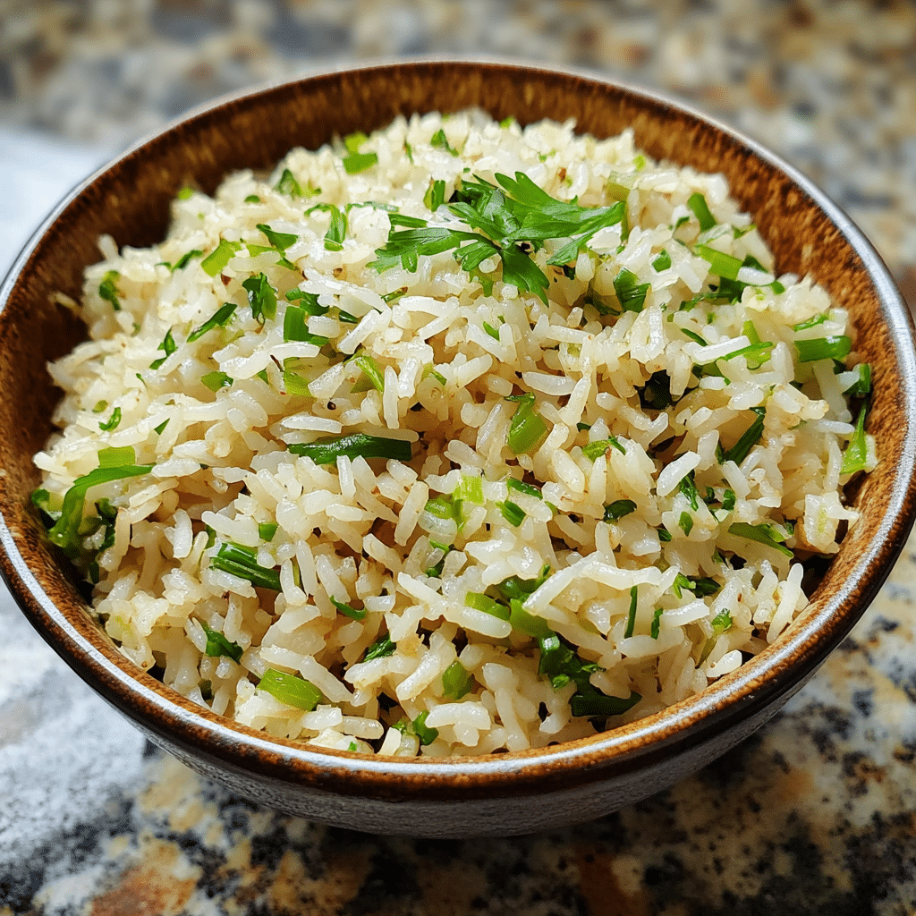 Homemade delicious scallion rice recipe in a serving dish in a bright kitchen