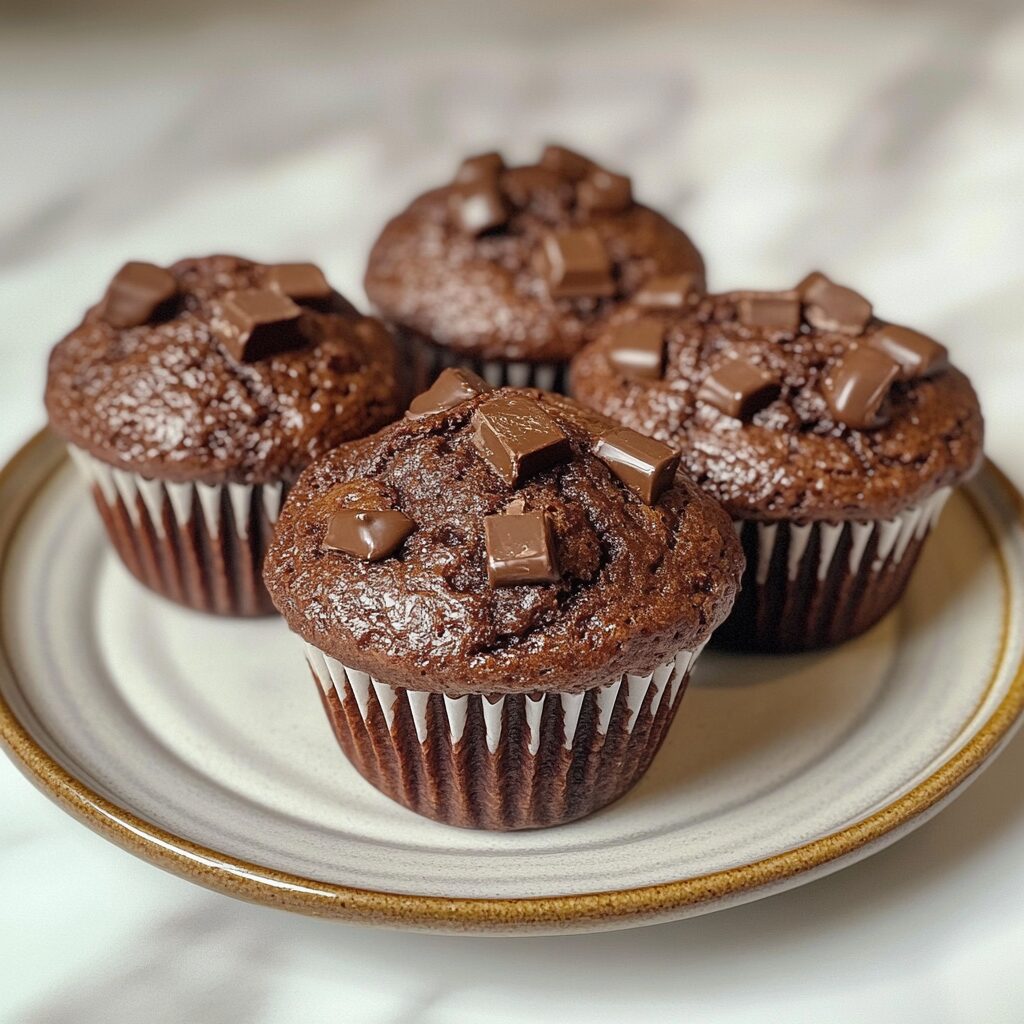 Double Chocolate Muffins- In Bloom Bakery presented in natural light with a homemade look