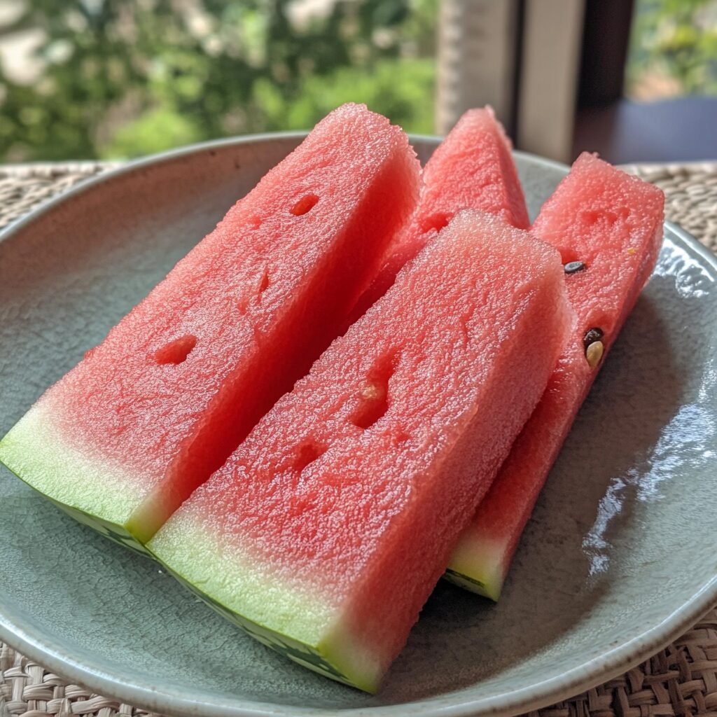Easily Cut Watermelon Sticks presented in natural light with a homemade look