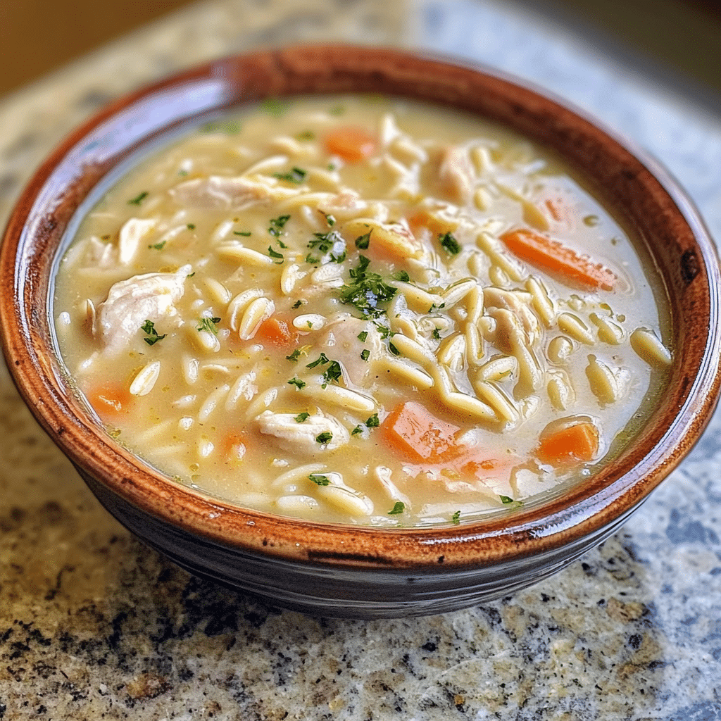 Homemade easy crockpot creamy lemon chicken orzo soup recipe in a serving dish in a bright kitchen