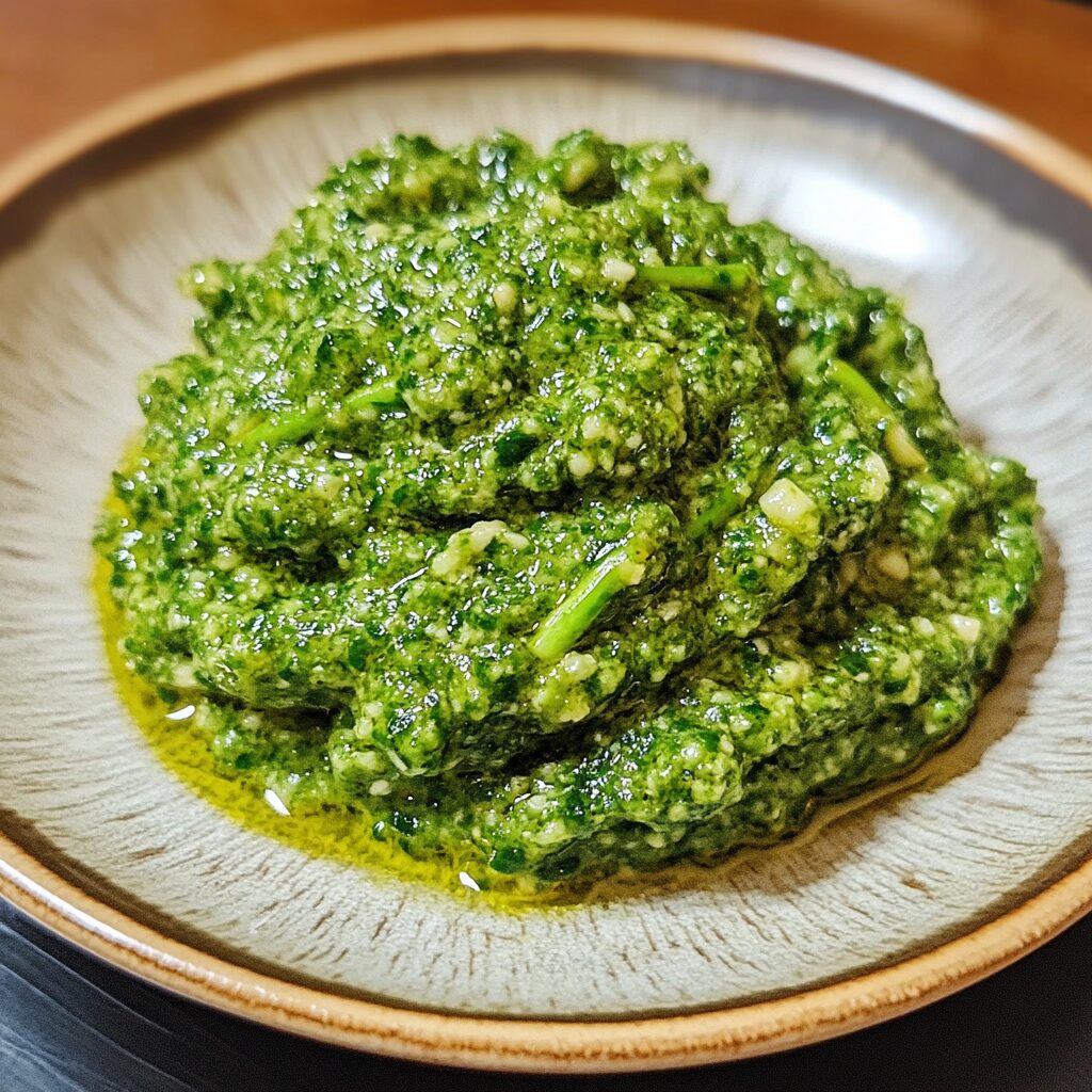 Easy Garlic Scape Pesto Recipe presented in natural light with a homemade look