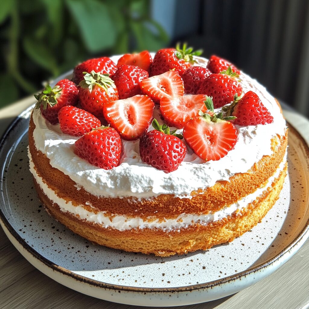 Easy Strawberry Cake with Box Mix and Real Berries presented in natural light with a homemade look