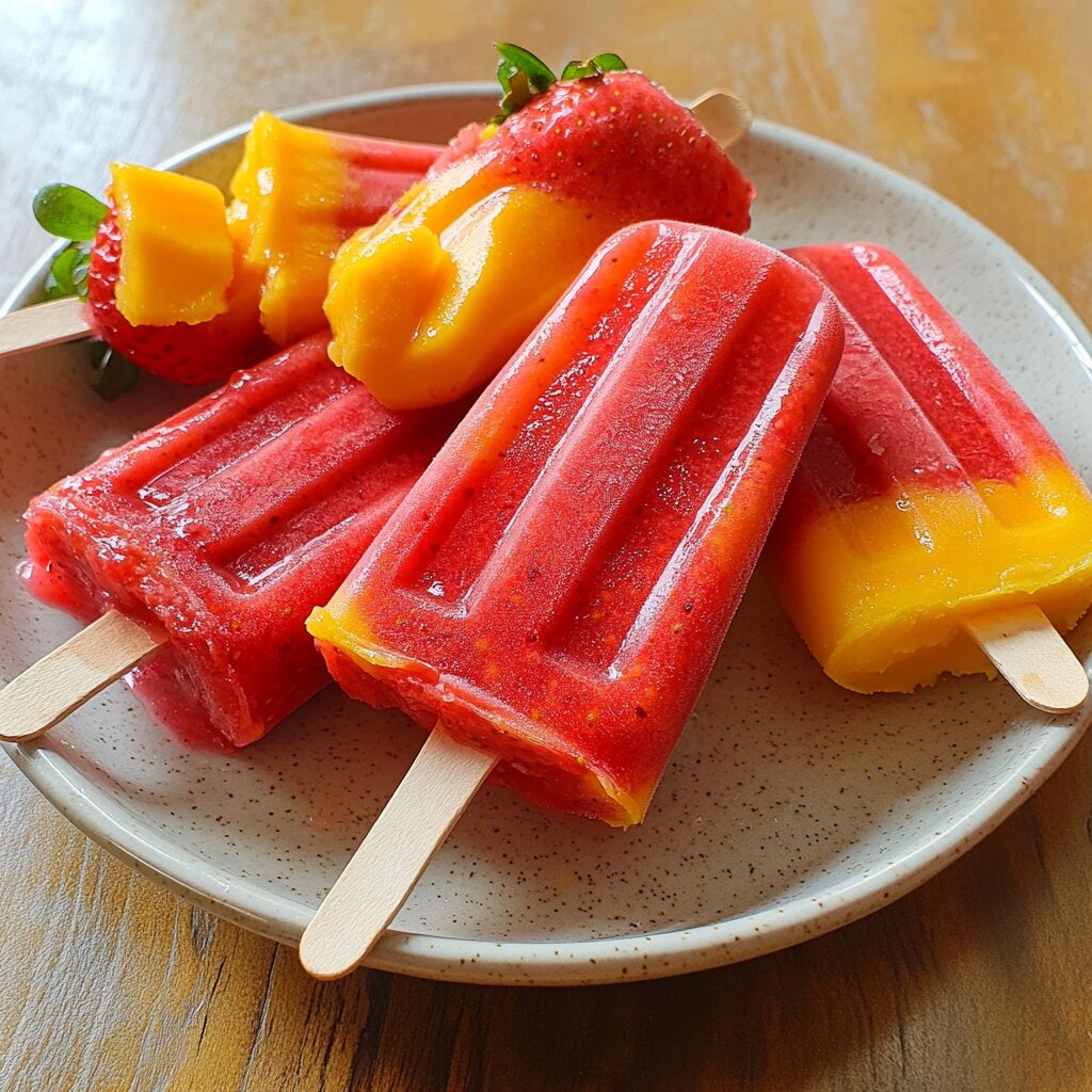 Easy Strawberry Mango Popsicles presented in natural light with a homemade look