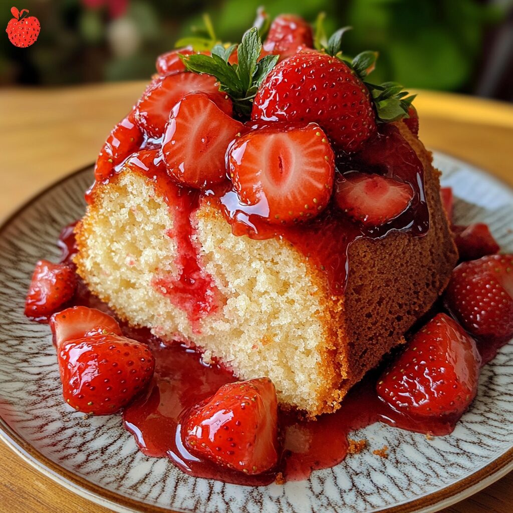 Easy Strawberry Pound Cake Recipe with Fresh Strawberry Glaze presented in natural light with a homemade look