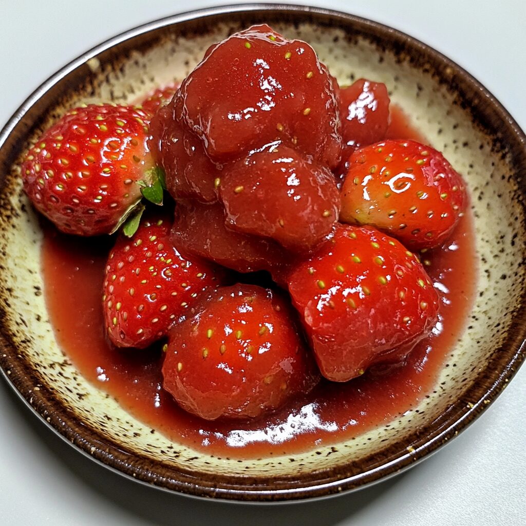 Easy Strawberry Sauce presented in natural light with a homemade look