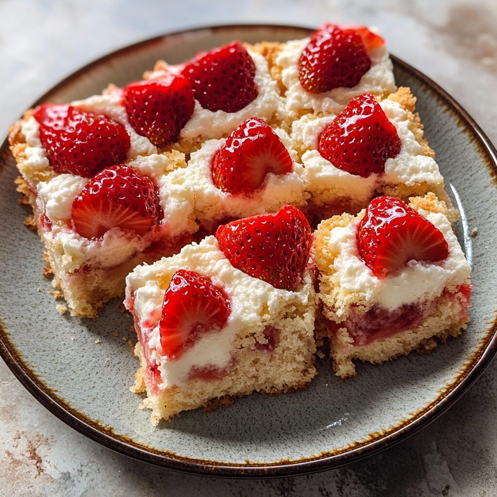Easy Strawberry Shortcake Bars to Try This Summer presented in natural light with a homemade look