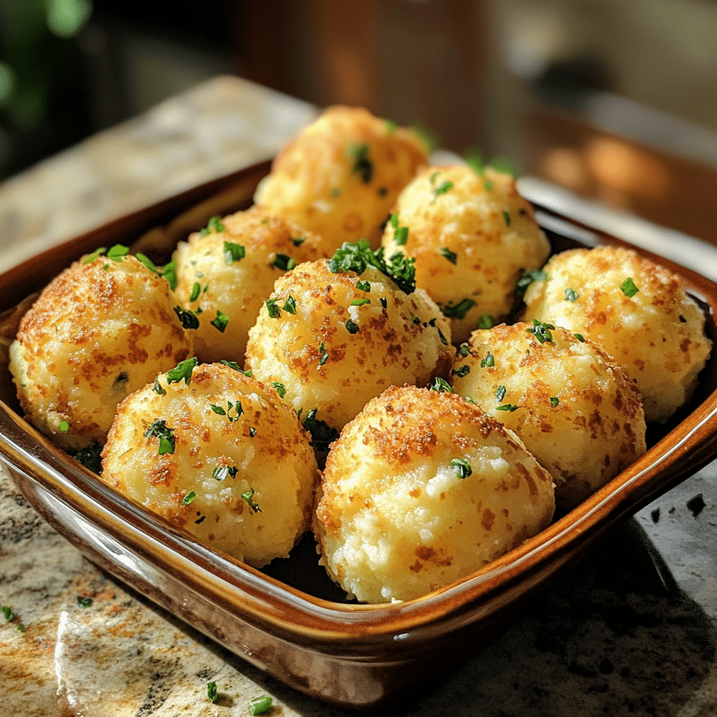 Homemade easy and crunchy mashed potato balls for every party in a serving dish in a bright kitchen