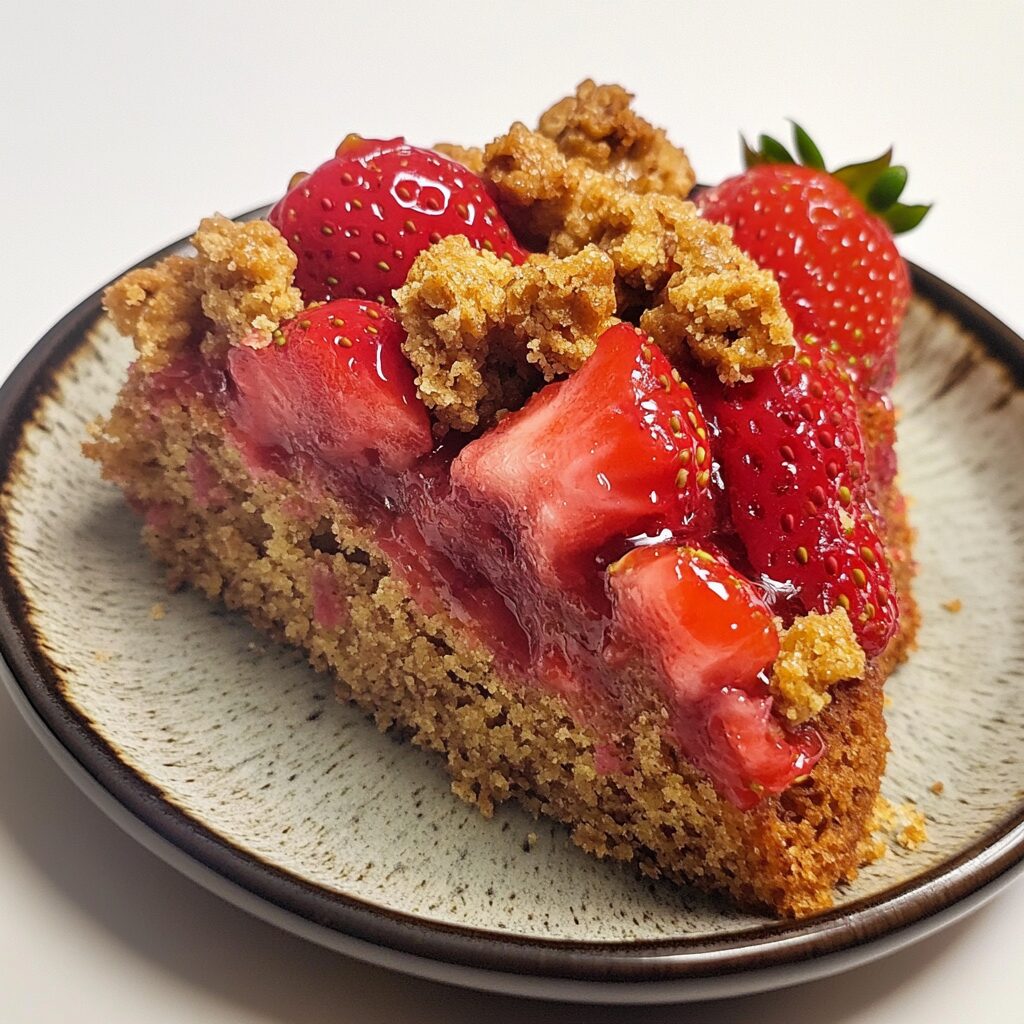 Feeling Foodish Strawberry Crunch Cake presented in natural light with a homemade look