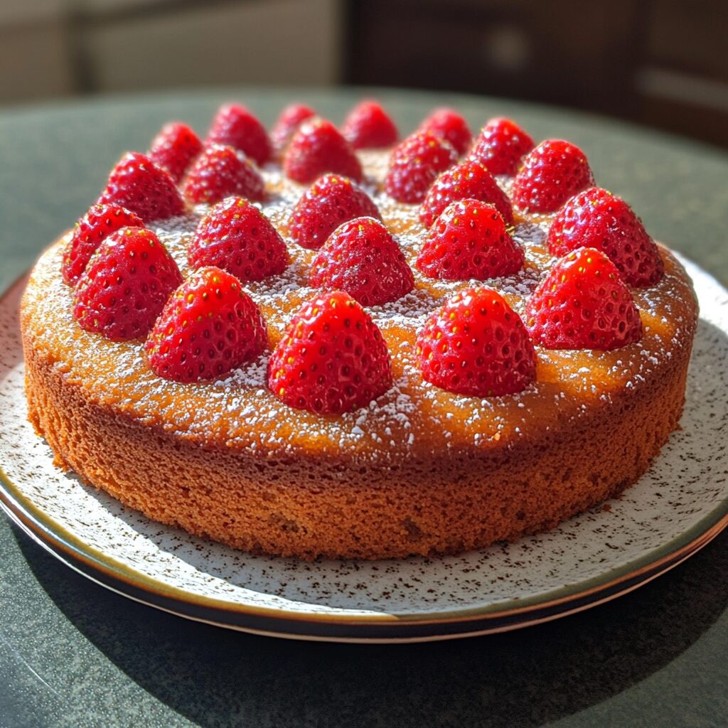 French Strawberry Cake presented in natural light with a homemade look