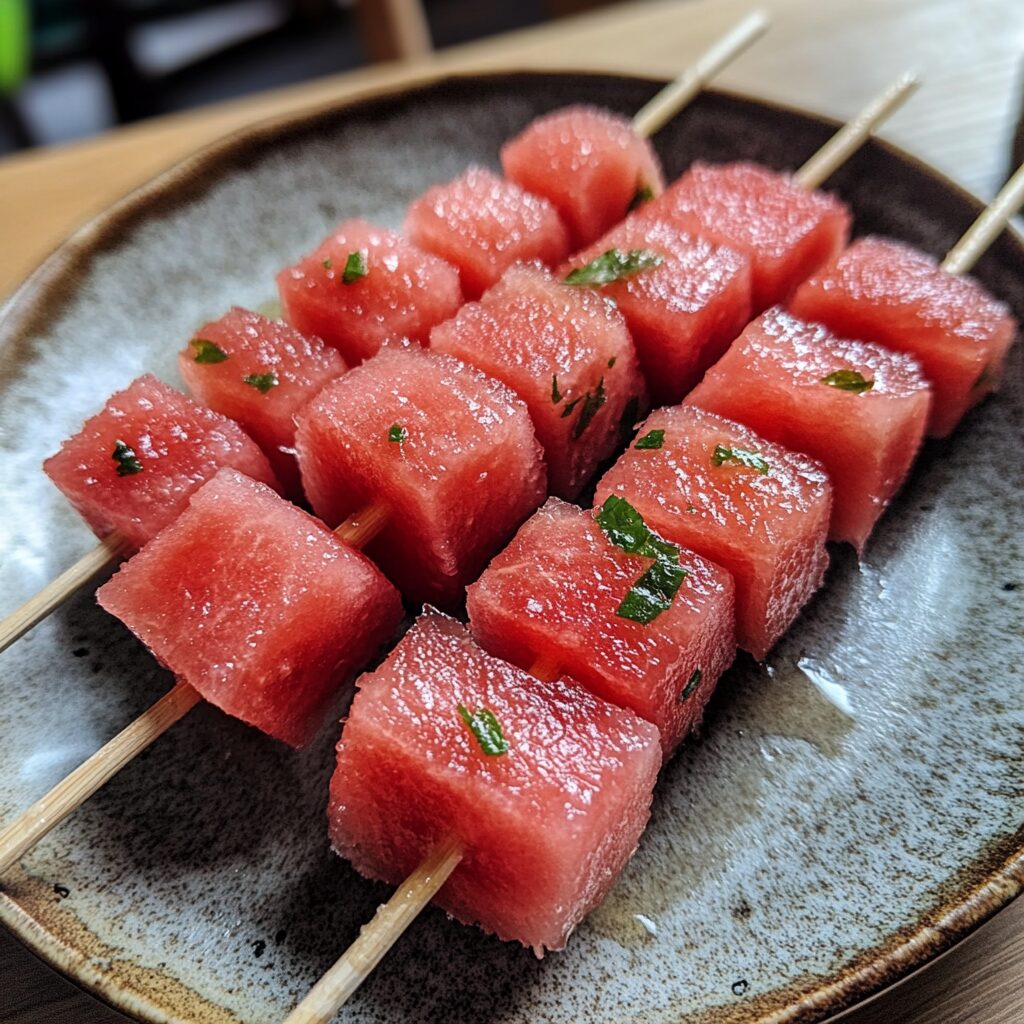 Frozen Watermelon Kabobs presented in natural light with a homemade look