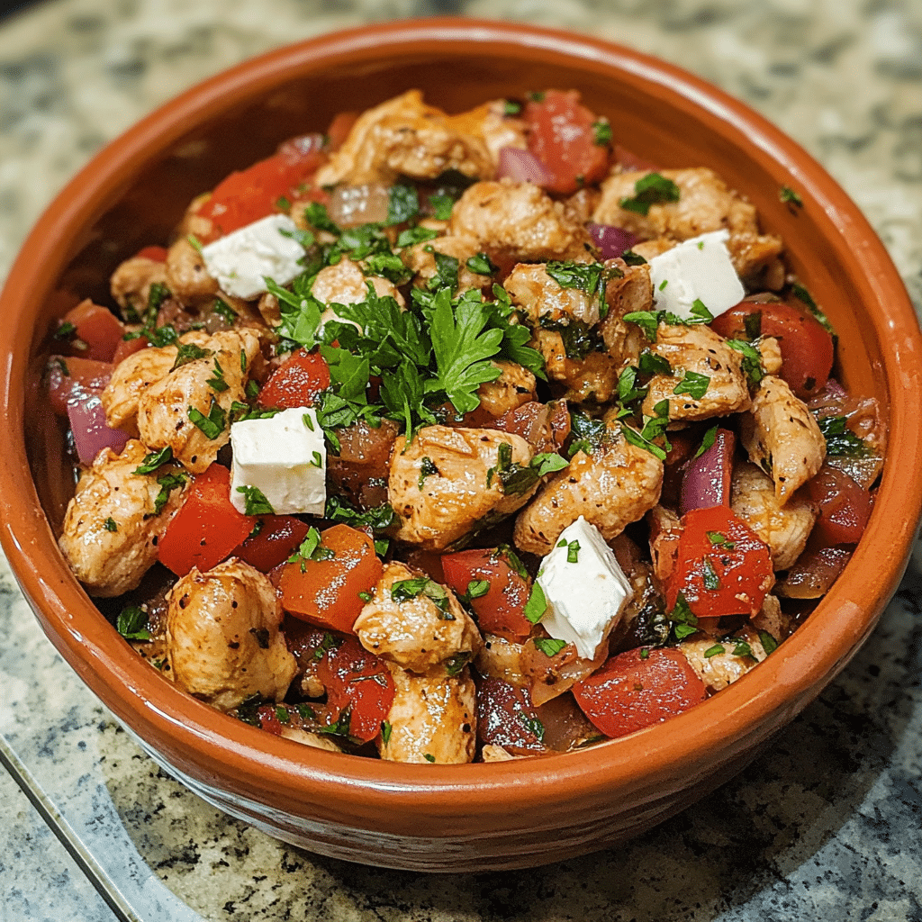 Homemade greek chicken bowls in a serving dish in a bright kitchen