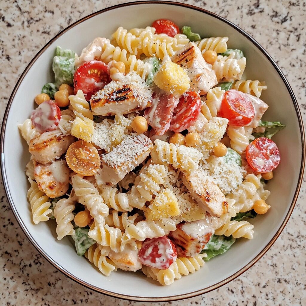 High-Protein BLT Caesar Pasta Salad with visible layers and toppings