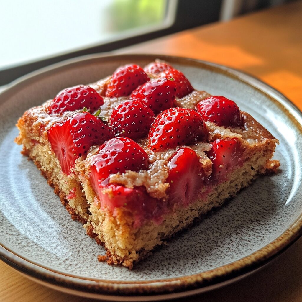 Homemade Strawberry Cake presented in natural light with a homemade look