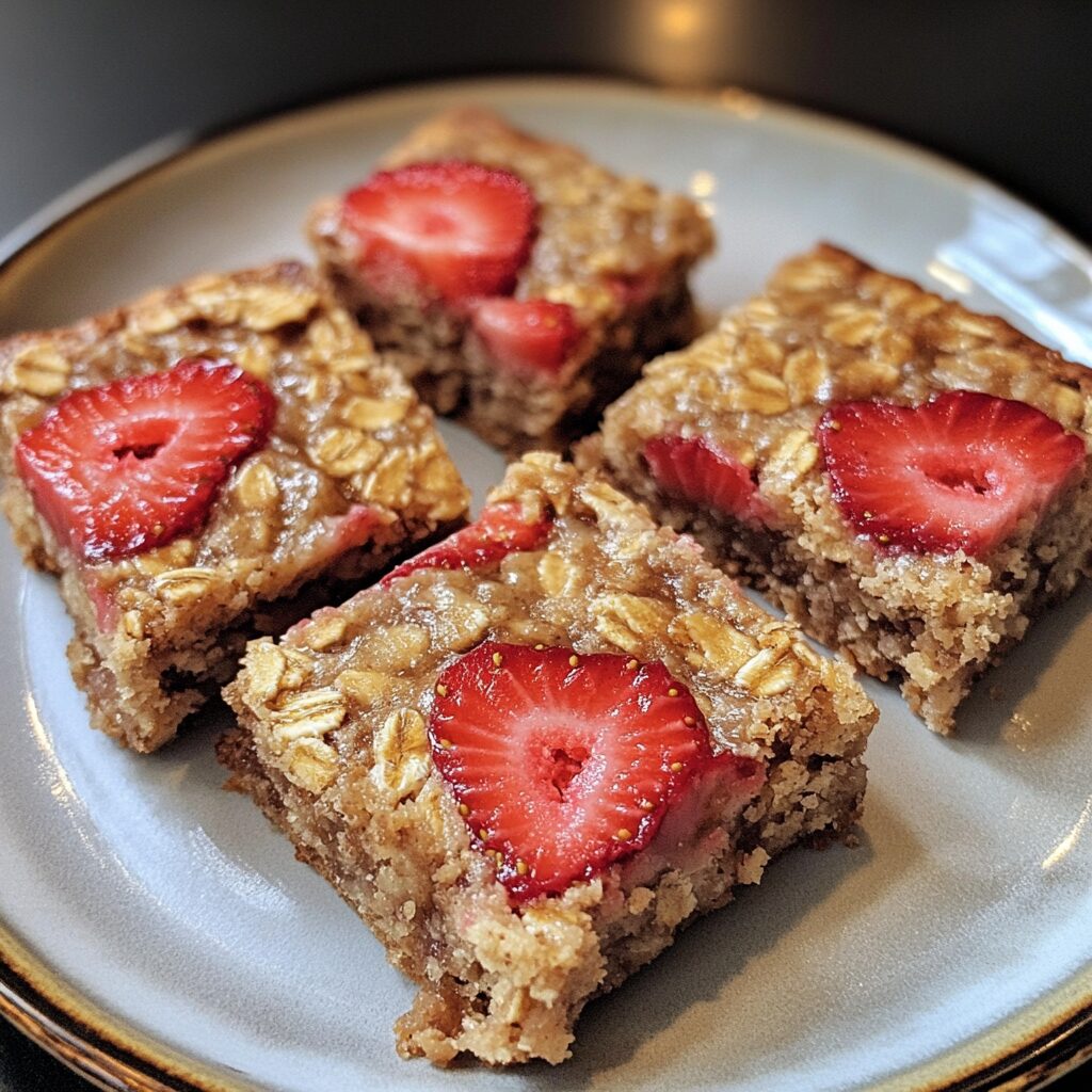 Homemade Strawberry Oatmeal Bars Recipe presented in natural light with a homemade look