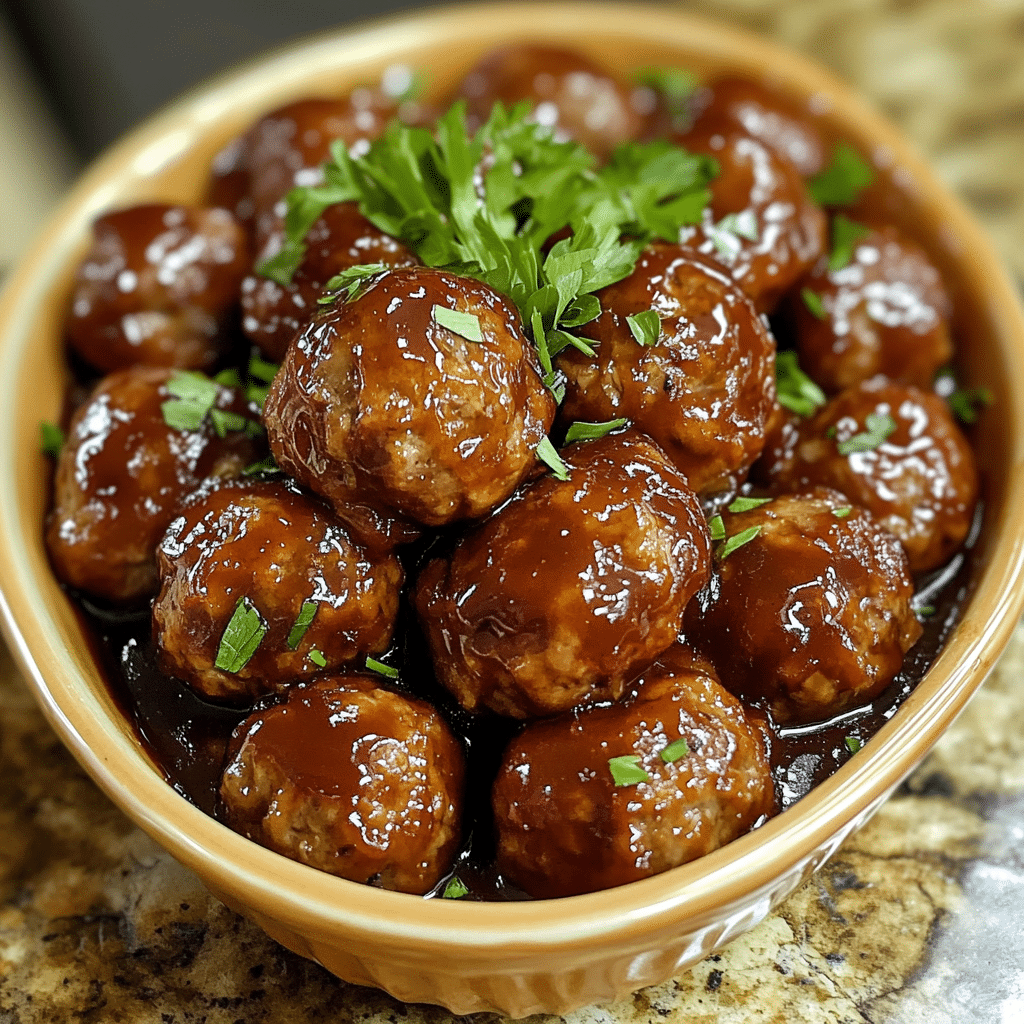 Homemade honey bbq crockpot meatballs in a serving dish in a bright kitchen