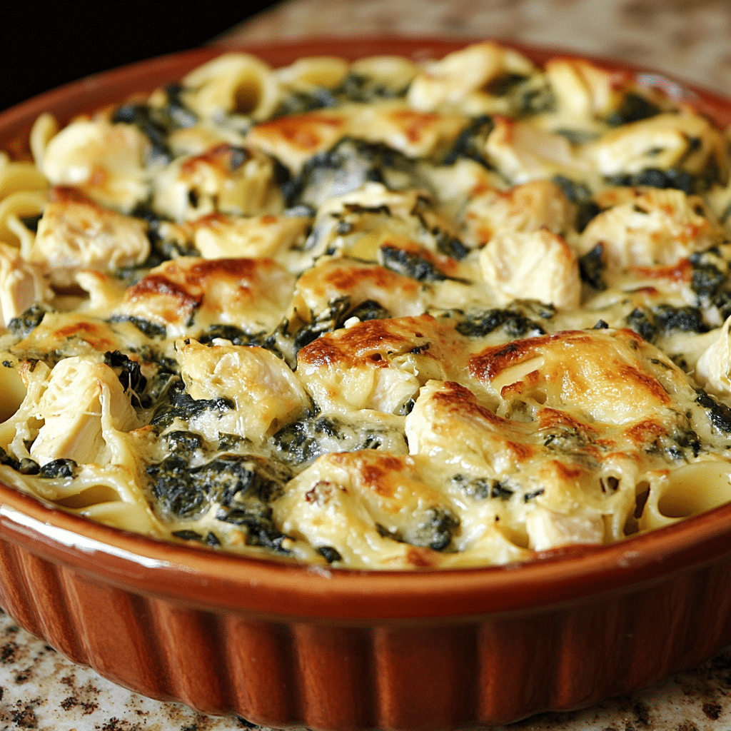 Homemade how to make the best spinach artichoke chicken pasta bake in a serving dish in a bright kitchen