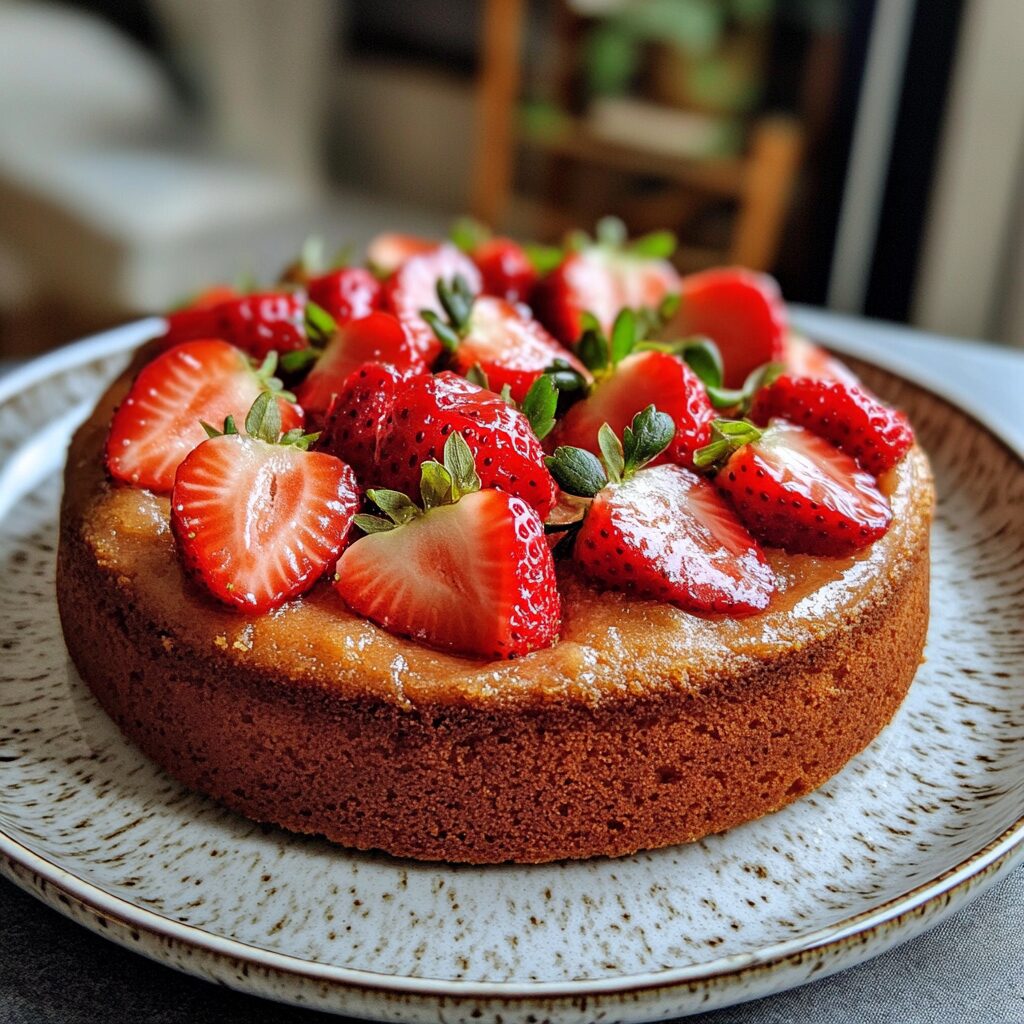 How to Make a Homemade Strawberry Cake from Scratch presented in natural light with a homemade look