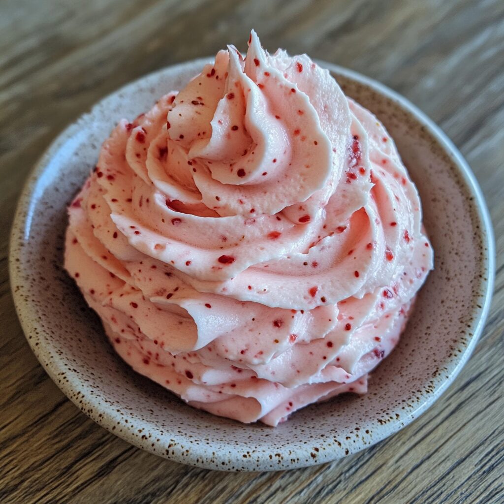 How to make Whipped Strawberry Buttercream Frosting presented in natural light with a homemade look