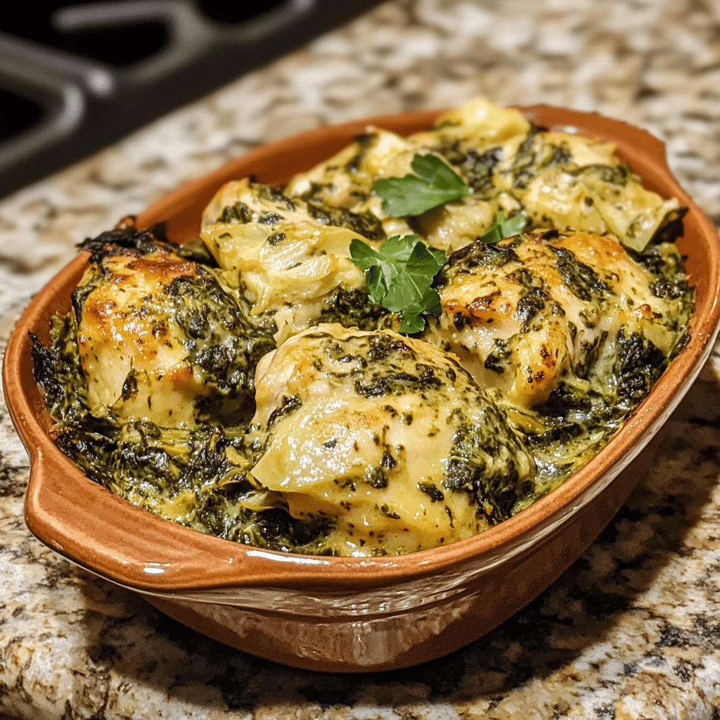 Homemade irresistible baked spinach artichoke chicken in a serving dish in a bright kitchen