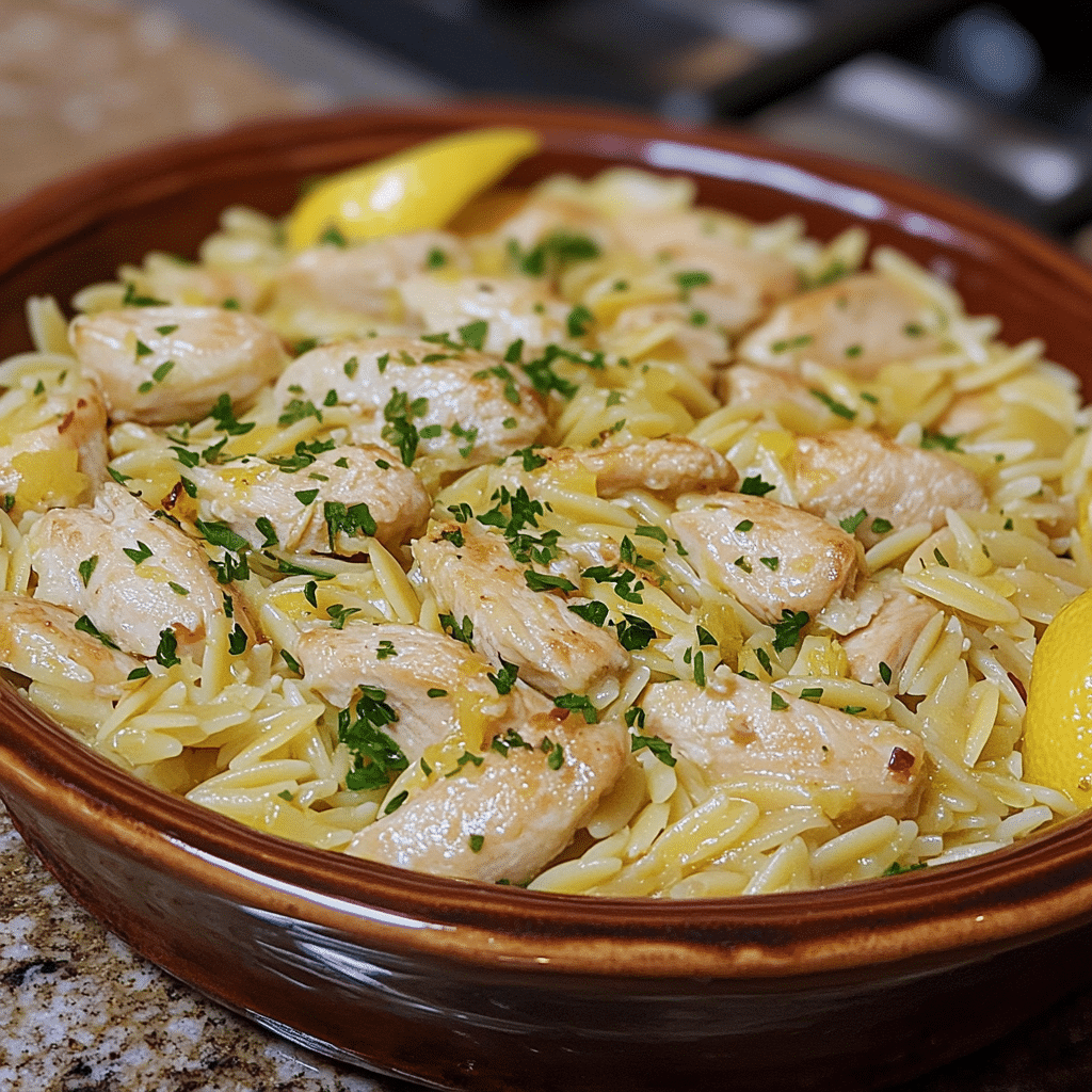 Homemade lemon chicken orzo in a serving dish in a bright kitchen