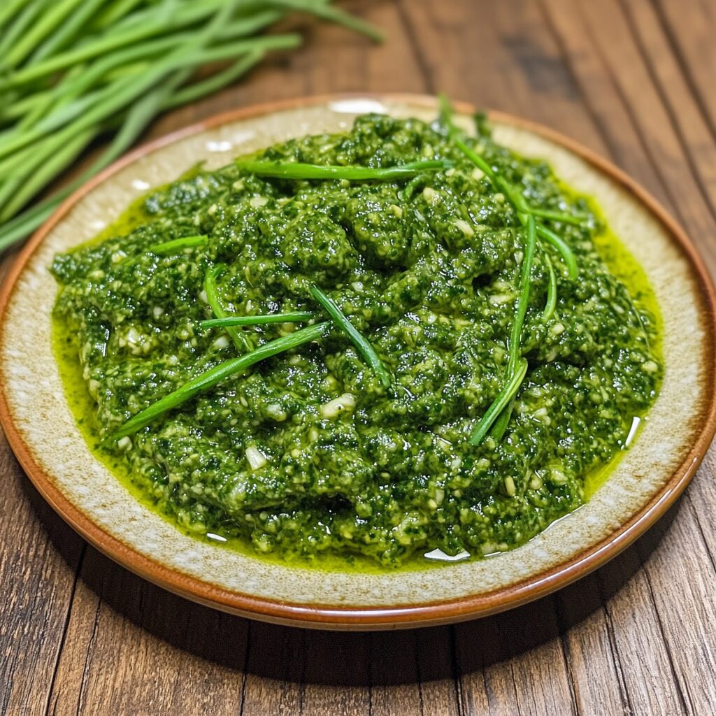 Make This Bright and Fresh Garlic Scape Pesto Recipe presented in natural light with a homemade look