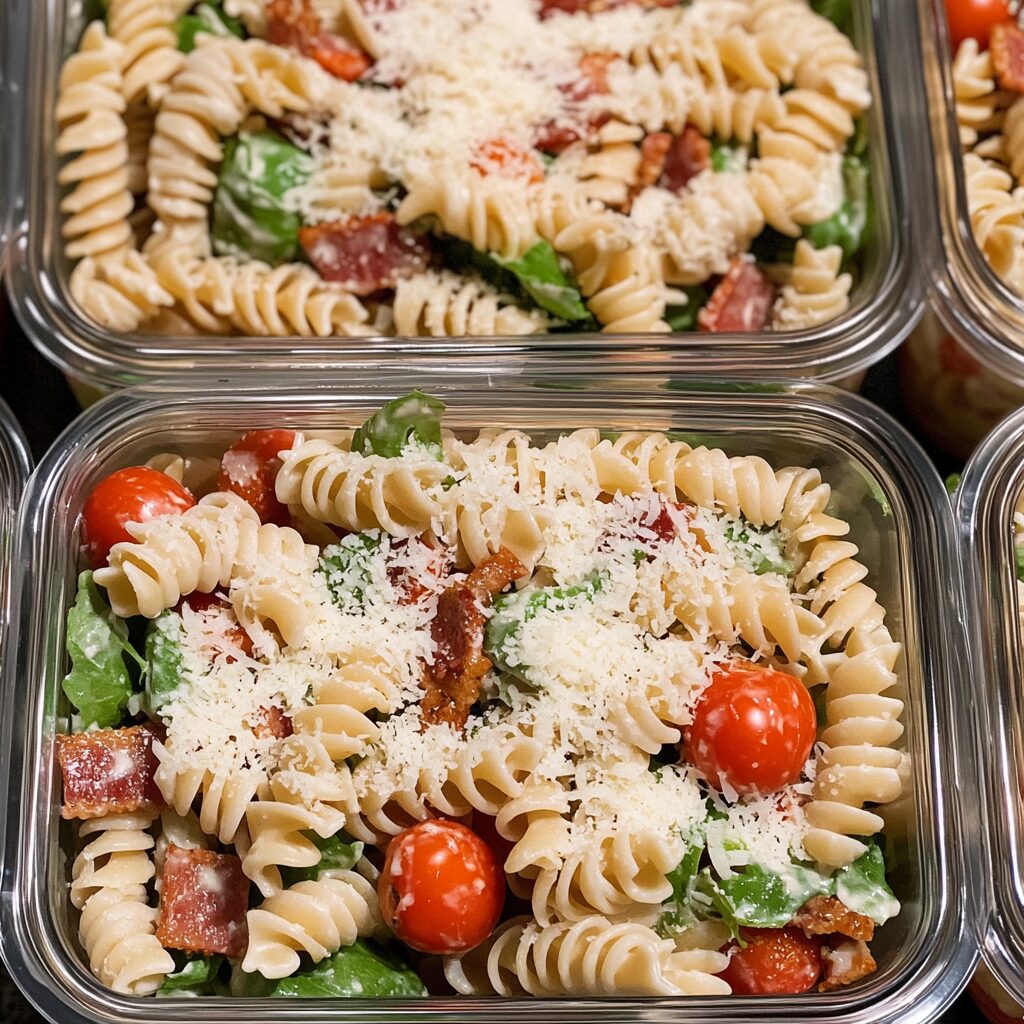Meal-Prep BLT Caesar Pasta Salad with visible layers and toppings