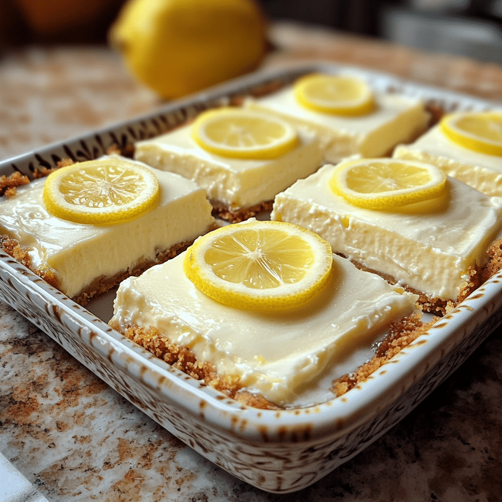 Homemade no-bake lemon cheesecake bars in a serving dish in a bright kitchen