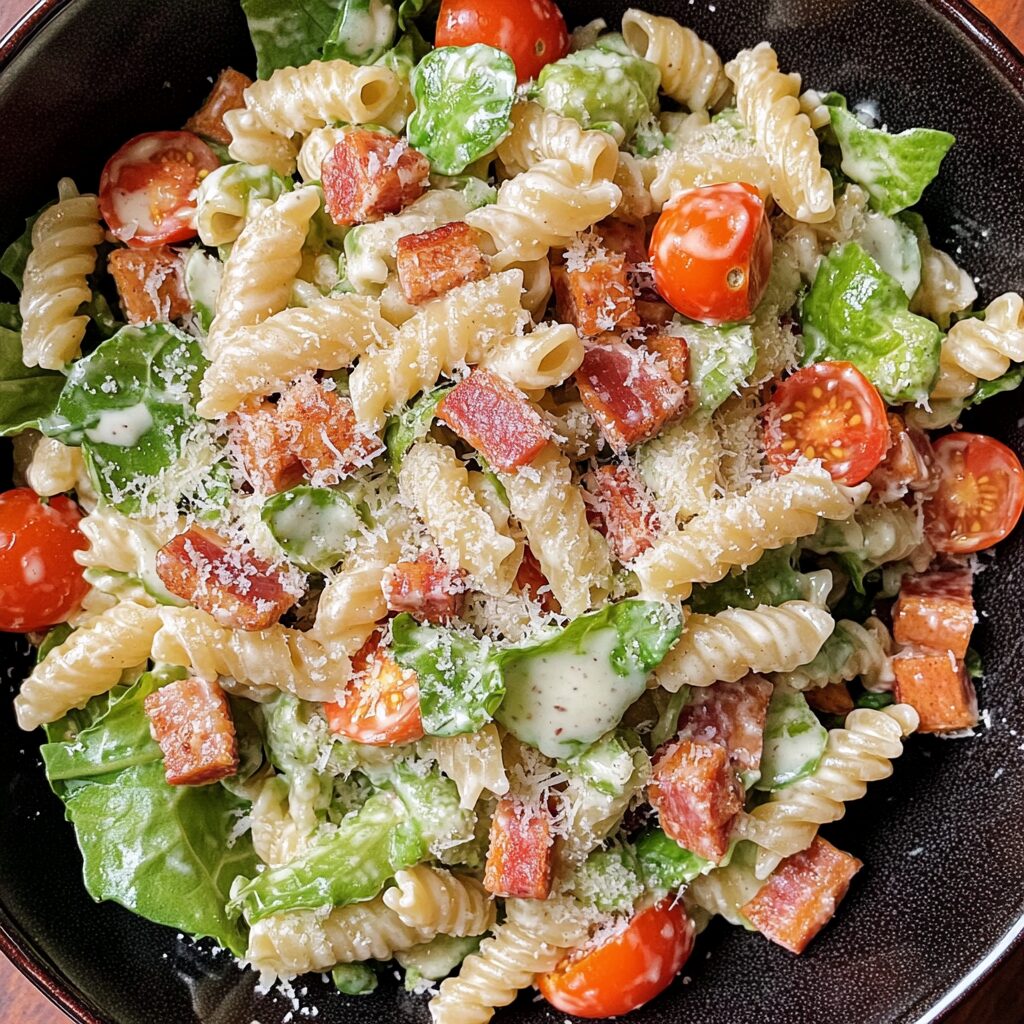 No-Mayo BLT Caesar Pasta Salad with visible layers and toppings