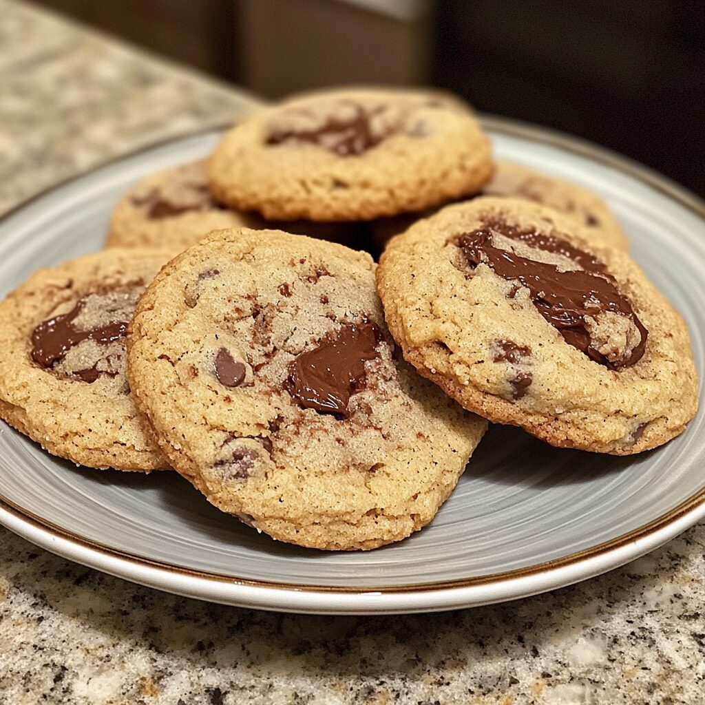 Nutella-Stuffed Chocolate Chip Cookies presented in natural light with a homemade look