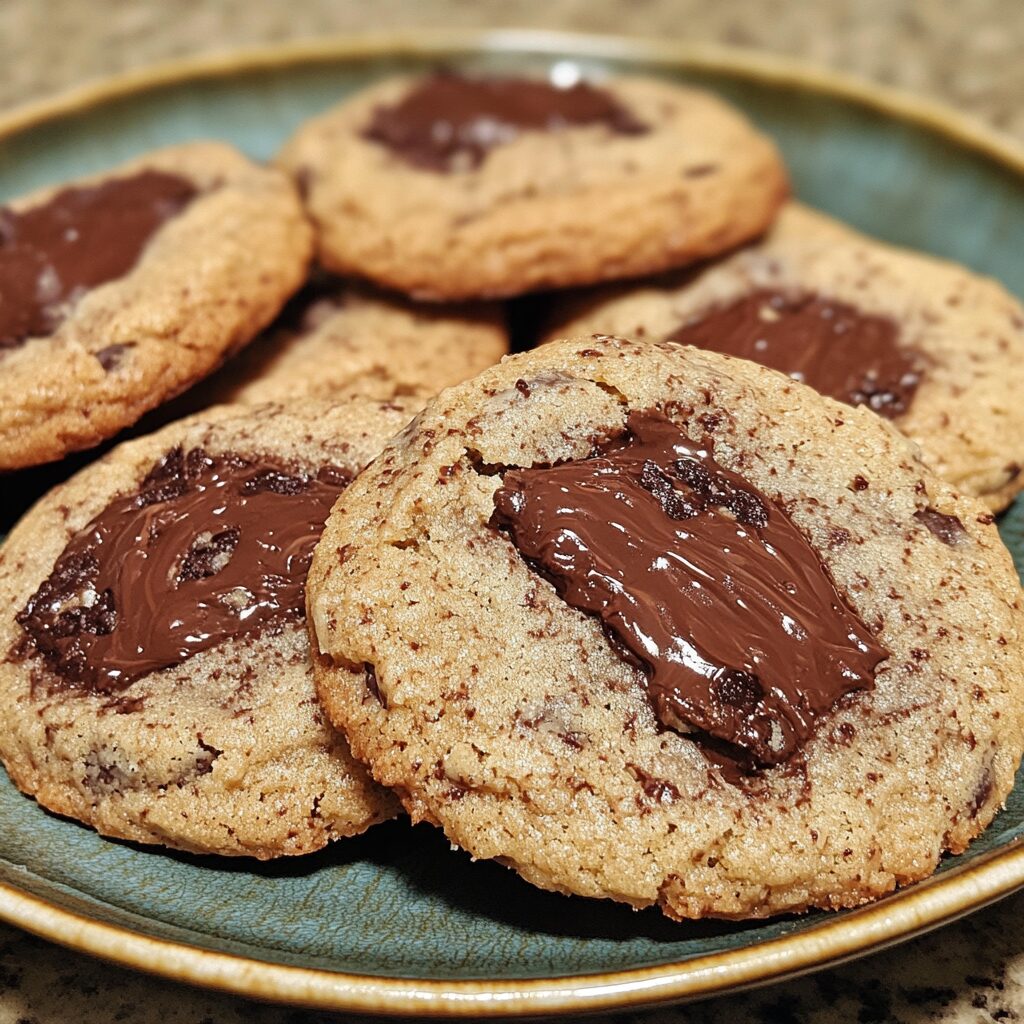 Nutella Stuffed Chocolate Chip Cookies presented in natural light with a homemade look